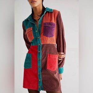 Fate Multicolor Retro Corduroy Long Sleeve Mini  Dress